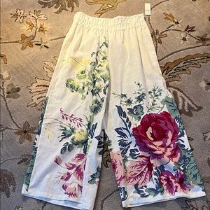 Anthropologie white linen flowered pants NWT